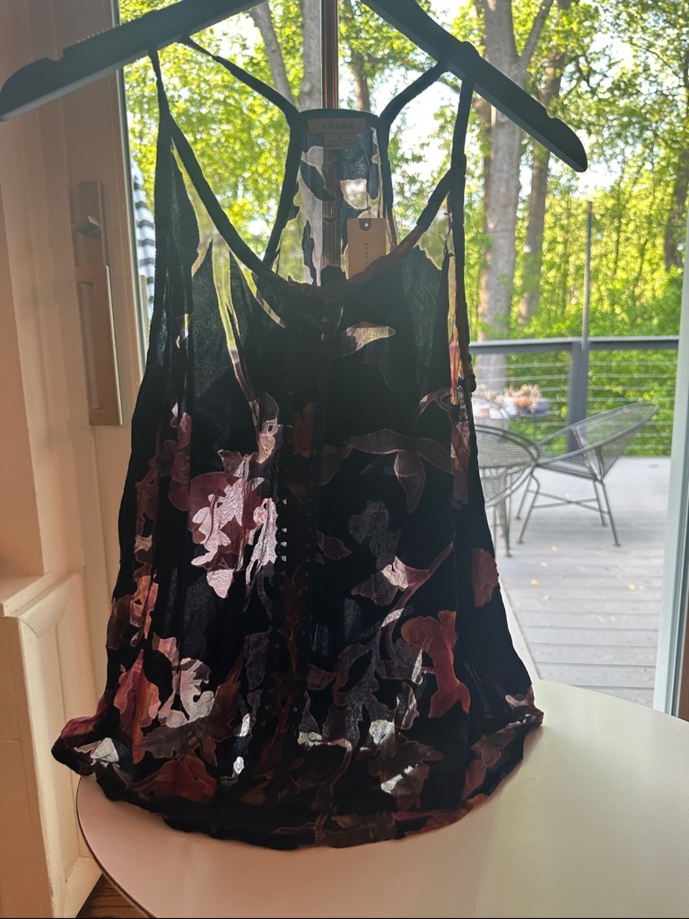 Anama Black Velvet Burnout Floral Cami with Rose and Mauve Accents